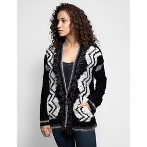 Anthropologie Velvet by Graham & Spencer Chevron  Cozy Cardigan M black fringe